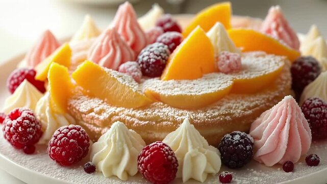 Fruit cake with mango and raspberries