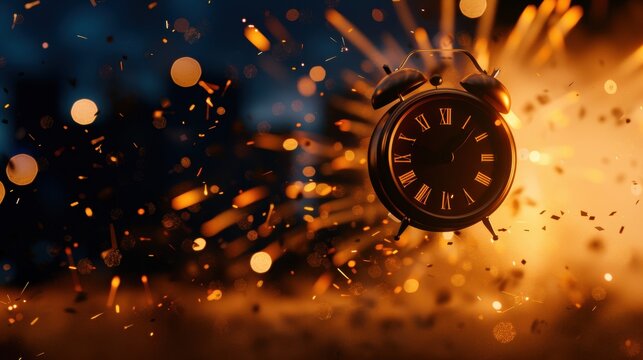 A dramatic image of a clock surrounded by sparks, symbolizing the passage of time and explosive moments.