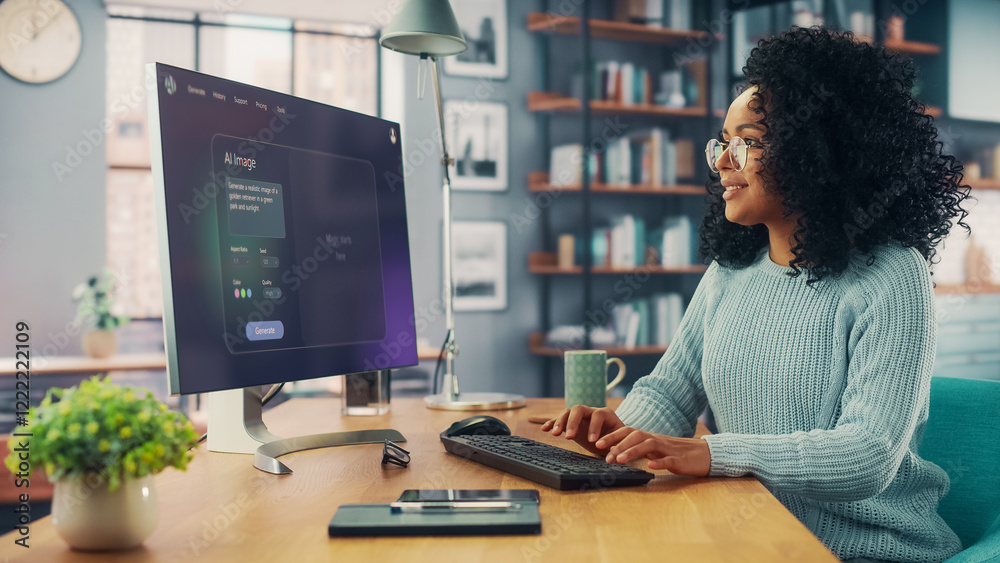 Leinwandbilder Black Woman Uses a Computer With an Ai Chatbot Interface. She Types a Promnt in a Software. Modern Creative Woman Works with Artificial Intelligence