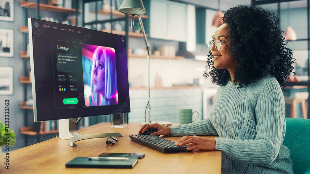 Poster Woman Operates a Computer With an AI Image Generation Interface. Screen Displays an AI-generated Portrait. the User Interacts with the Technology in an Office Environment.