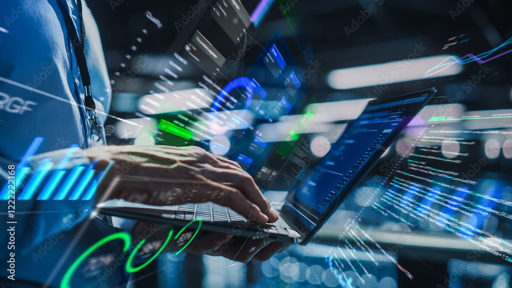 Aufkleber Businessman Interacts With Data Visualization on Laptop. Holographic Charts, Graphs, and Code Surround the Device, Advanced Technology and Data Analysis. Flow of Big Data, Growth and Productivity