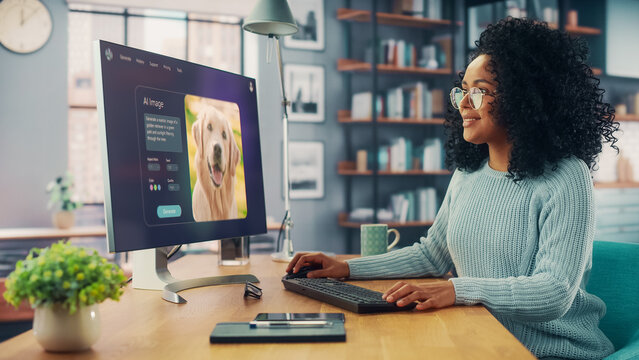 Black Woman Uses a Computer With an Ai Chatbot Interface. Screen Displays an Image Generation Feature, Showing a Cute Golden Retriever Forming. Modern Creative Woman Works with Artificial Intelligence