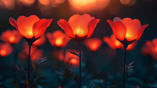 Solar-powered garden light illuminating vibrant flowers at sunset in a backyard with a minimalistic bright tone modern blurred aesthetic and empty blank caption space on the side

