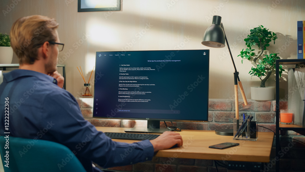 Aufkleber Creative Prompt Engineer Sits at a Desk Using a Computer, Using AI Chatbot Virtual Assistant. Ai-powered Tool Enhances Task Management and Boosts Efficiency Through Intelligent Productivity Assistance