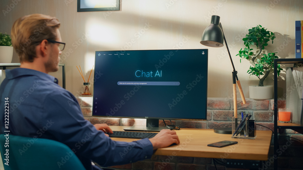 Aufkleber Creative Prompt Engineer Sits at a Desk Using a Computer, Using AI Chatbot Virtual Assistant. Ai-powered Tool Enhances Task Management and Boosts Efficiency Through Intelligent Productivity Assistance