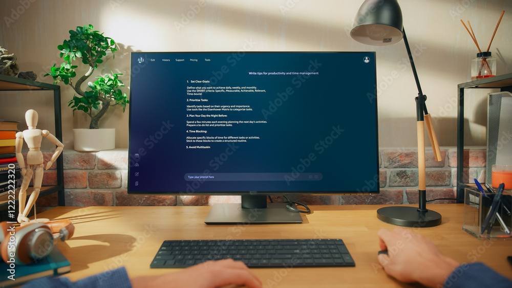 Aufkleber pov shot: person using computer and screen displays an ai chatbot interface with productivity tips. 