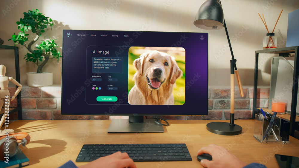 Aufkleber POV Shot: Person Using Computer and Screen Displays an AI Chatbot Interface With Productivity Tips. Innovative AI Virtual Assistant Generates Creative Visual Content, Cute Dog. Point of View Angle