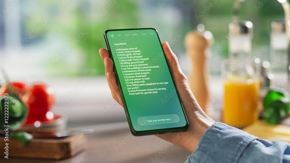 Fototapete hand holds a smartphone displaying an ai chatbot interface. device shows recipe ingredients and inst