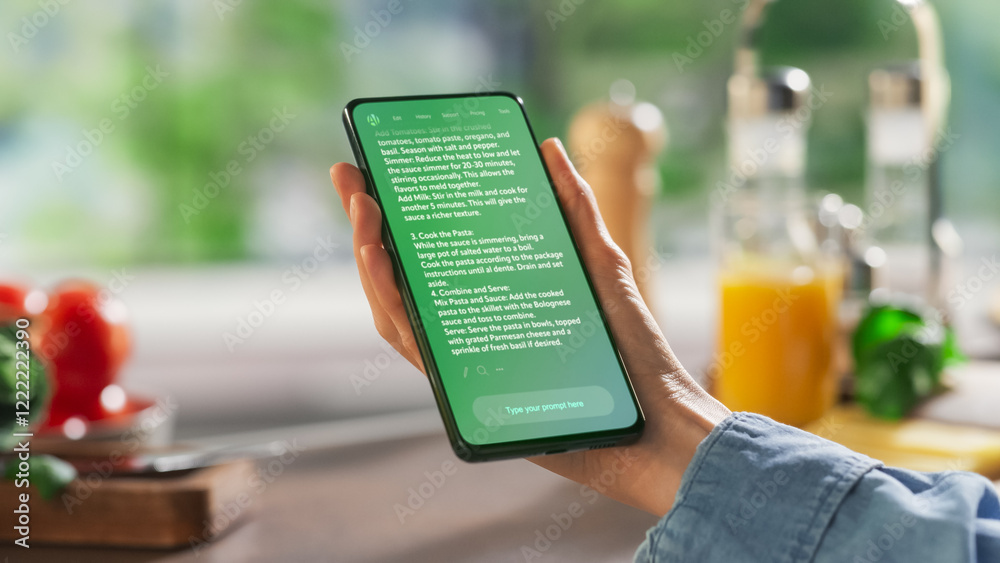 Leinwandbilder hand holds a smartphone displaying an ai chatbot interface. device shows recipe ingredients and inst