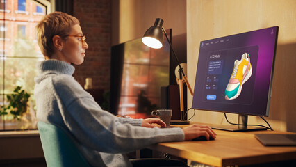 Creative Young Woman working on Her Clothing Brand Uses an AI Image Generation Interface on a...