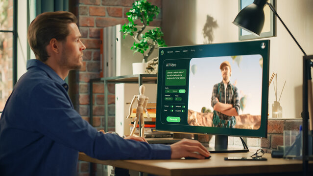Young Creative Marketing Brand Specialist Uses AI Image Generation Software on Desktop Computer, Creating Futuristic Woman Portrait. Digital Art Creator using AI Assistant for Ebusiness - Powered by Adobe