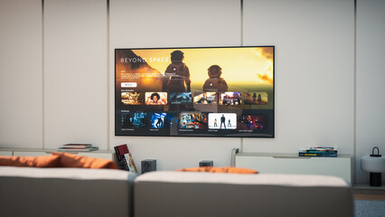 Modern Living Room With TV Displaying a Streaming Service Interface Featuring Sci-fi Shows and...