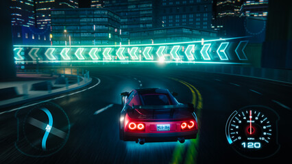 Gameplay of a Racing Simulator Video Game, Live Online Internet Championship. 3D Car Driving Fast and Drifting on a Night Speedway in a Modern City. Modern Vfx Animation. Screen Replacement