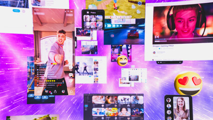 Digital Metaverse Where Social Media, Gaming, and Multimedia Content Stream. Floating Screens of...