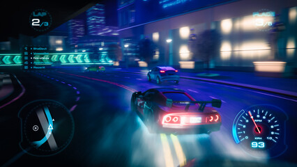 Gameplay of a Racing Simulator Video Game Featuring Live Online Tournament. 3d Cars Drive Fast and Drift on Night Speedways in a Modern City, Showcasing Cutting-edge Vfx Animation.