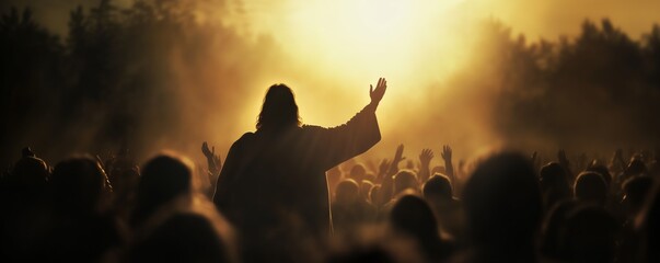 A large crowd of people stands in an open area, hands raised in worship. A silhouette of Jesus Christ with outstretched arms is illuminated by a golden sunset, symbolizing hope and faith.