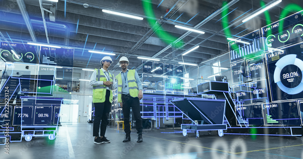 Poster Engineers Examine Holographic Turbine Engine in High-tech Factory. Augmented Reality Display Shows Intricate 3d Model, Design and Analysis Processes for Advanced Manufacturing Innovation.