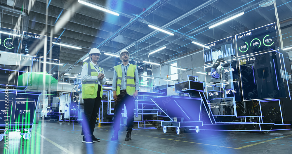 Poster engineers use augmented reality to visualize 3d engine turbine concept in factory setting. holograph
