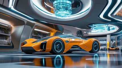 Obraz premium A vibrant scene showcasing hydrogen car prototypes in a futuristic auto showroom