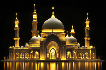 Obraz premium beautiful mosque, magnificent mosque, black background, islamic, ramadan Kareem, eid mubarak, eid al adha, eid al fitr, 3d rendering, generative ai