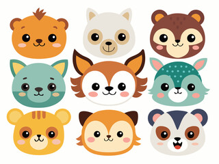Fototapeta premium Cute animal heads collection. Flat style on white background.