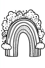 Fototapeta premium Hand-drawn black and white illustration of a rainbow with clouds and mushrooms.