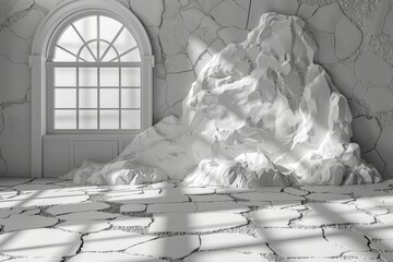 Textured white brick wall with light rays and shadows, ideal for product presentations and design