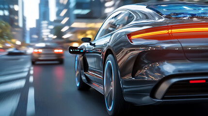 Autonomous vehicle charging action urban street digital imagery evening environment dynamic viewpoint future mobility concept