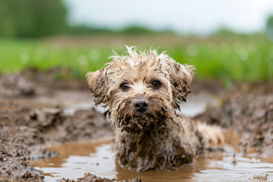 A small, fluffy dog covered in mud enjoys playing in a puddle. Its fur is soaked and caked with dirt, creating a messy but adorable scene of outdoor fun.  
