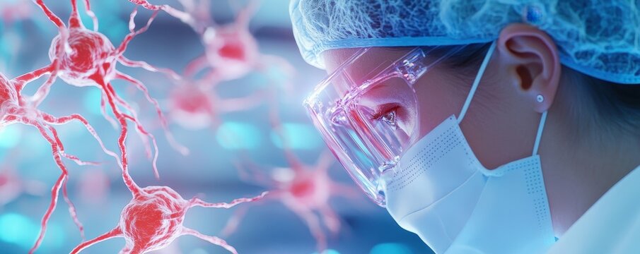 Scientist in a lab conducting research on neural precursors for advancements in neuroscience and regenerative medicine.