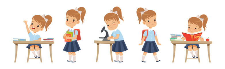 School Girl Pupil Character in Uniform Vector Set