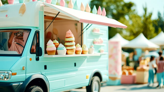 Delicious ice cream truck serving sweet treats at a vibrant outdoor festival in sunny park atmosphere