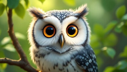 Obraz premium Adorable Baby Owl Large Eyes Green Leaves Branch Background