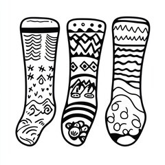 Three black and white hand-drawn socks with different patterns.