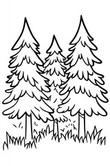 Fototapeta premium Three simple line drawing pine trees in a group with grass at the base.