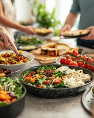 Obraz premium Freshly Prepared Healthy Dinner on Table with Colorful Dishes and People Sharing a Meal Together