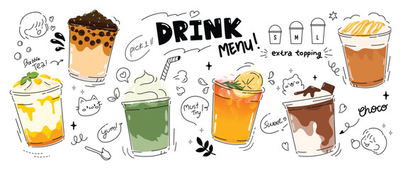 Coffee and smoothie beverage with cute doodle decoration.  Cappuccino, bubble tea, orange juice, chocolat in glasses. Vector illustration blended coffee for logo, promotion, marketing, banner, ads.