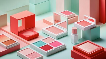 A variety of colorful eyeshadow palettes, lipsticks, and blushes displayed on a vibrant background for a lively, dynamic setup.