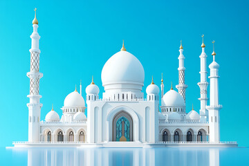 Obraz premium beautiful mosque, magnificent mosque, blue background, islamic, ramadan Kareem, eid mubarak, eid al adha, eid al fitr, 3d rendering, generative ai
