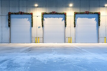 Festive Holiday Loading Docks Three Closed Roll Up Doors Decorated with Garlands and Bows on a