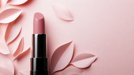 Close-up of a lipstick with a soft pink color, its glossy tube placed on a background of pastel pink paper.