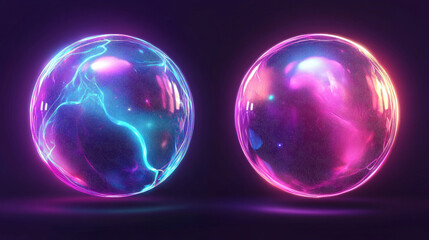 Neon sphere protect shield with various textures and glow. Realistic 3d vector of luminous security ball with transparency effect. Round cover dome with force field or power energy barrier.
