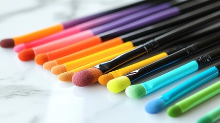 Fototapeta premium Close-up of makeup brushes dipped in vibrant eyeshadow colors, arranged aesthetically on a white marble table.