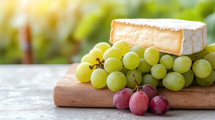 Camembert cheese and grapes on wood board, outdoor setting, summer picnic