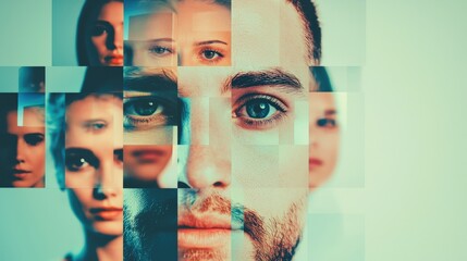 Abstract collage of diverse human faces fragmented into geometric shapes illustrating identity and perception themes