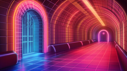 Neon synthwave game background with arch and retro grid. Cyber space retrowave abstract vaporwave with gate and aesthetic wireframe effect for mountain landscape. 1980 night disco floor with door