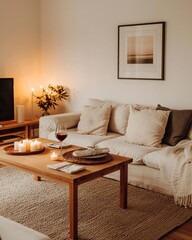 Cozy and Inviting Living Room with Warm Lighting, Soft Textiles, and Charming Decor Elements
