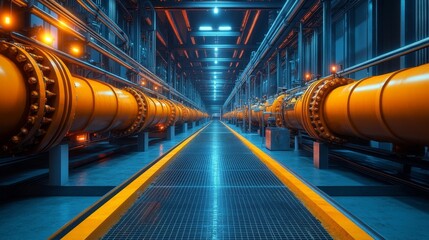 Fototapeta premium High-detailed industrial piping system in an underground mechanical facility. Generative AI