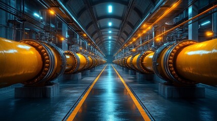 High-detailed industrial piping system in an underground mechanical facility. Generative AI