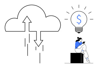 Cloud icon with arrows indicating data exchange, lightbulb with dollar sign, woman using a tablet. Ideal for technology, finance, innovation, business, cloud computing, data management startup